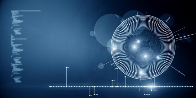Interfaz HUD azul futurista con código de programación brillante en un fondo borroso con un lugar simulado Inicio digital futuro y concepto de tecnología Renderización 3D
