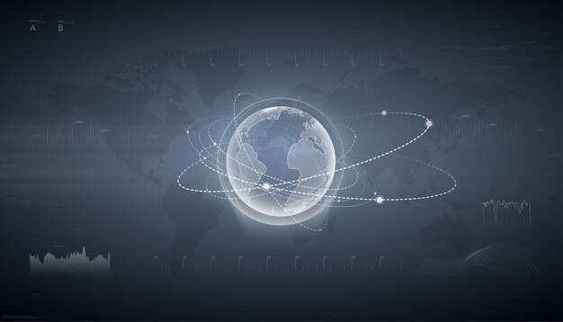 Interfaz HUD con holograma de tierra con satélite alrededor. Monitoreo del impacto de la tierra. Mundo tecnológico mundo digital. El sistema de navegación. tablero del centro de control. Holograma de globo terráqueo.