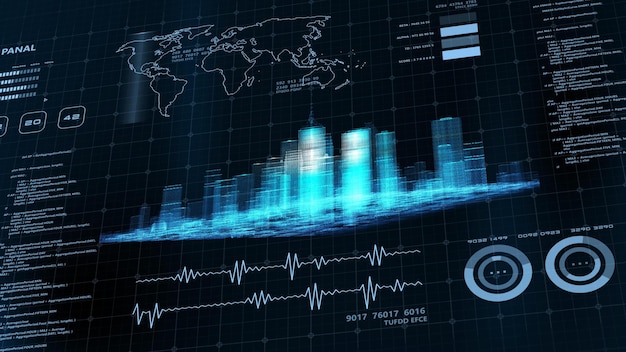 Interfaz HUD de tecnología de ciencia analítica de big data de pantalla de computadora futurista