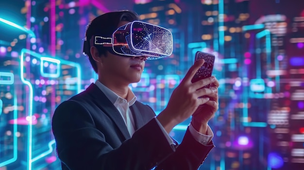 Interfaz de Internet de realidad virtual Un hombre de negocios asiático usa un teléfono inteligente en un entorno de ciberespacio en 3D Navegando por sitios web