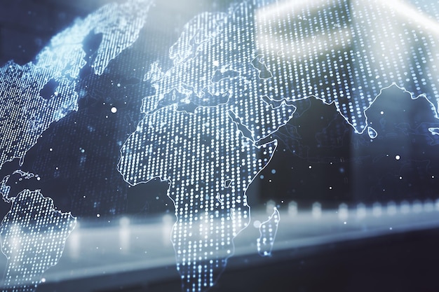 Interfaz de mapa del mundo creativo abstracto sobre fondo de edificio de oficinas moderno borroso concepto de comercio internacional Multiexposición
