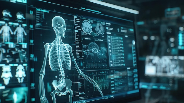 Interfaz médica futurista que muestra un esqueleto humano en 3D
