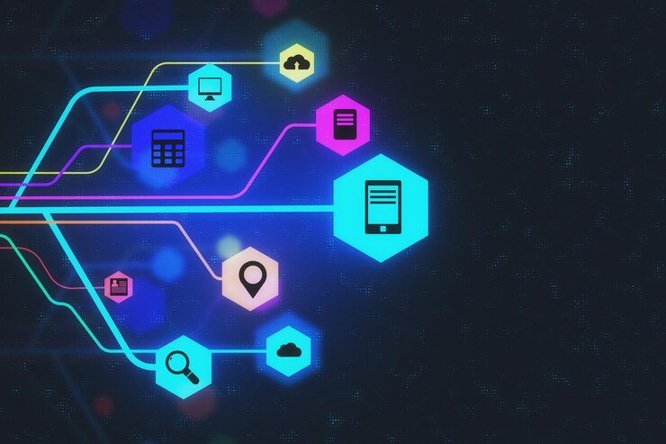 Foto interfaz de medios brillantes creativos en fondo oscuro medios sociales y concepto de comunicación renderizado en 3d