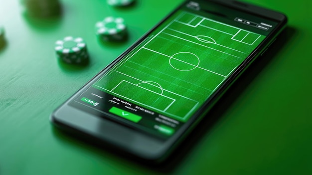 Interfaz moderna de la aplicación de apuestas con gráficos de campo de fútbol y características de juego responsable