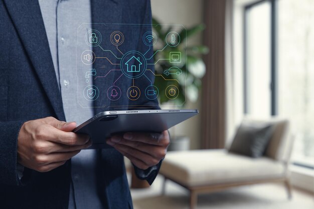 Interfaz moderna de hogar inteligente en tableta para control y conectividad