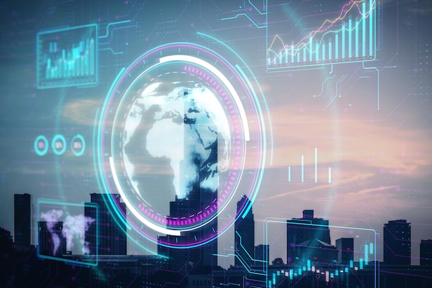Interfaz de negocios digital con gráficos y globos en textura de ciudad borrosa con tonos borrosos Concepto de tablero de datos de negocios y finanzas globales Exposición doble