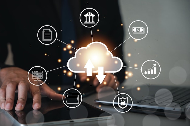 Interfaz de pantalla digital que muestra iconos de gráficos y gráficos para análisis de big data y concepto de inteligencia de negocios con empresario que analiza datos financieros Computación en la nube