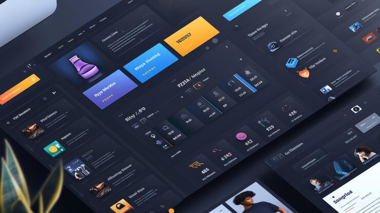 Foto una interfaz de plataforma de comercio electrónico que muestra listas de productos, reseñas de usuarios y un carrito de compras digital con un diseño moderno y elegante