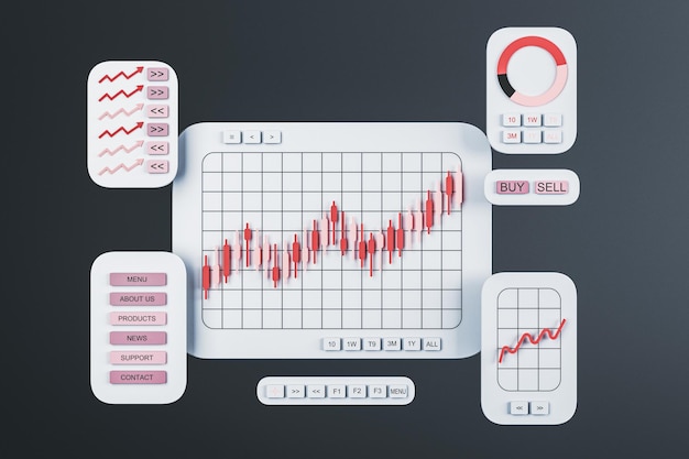 Interfaz de plataforma de negociación con gráficos, gráficos y botones de compra y venta en un fondo oscuro Concepto de análisis del mercado financiero en línea Renderización 3D
