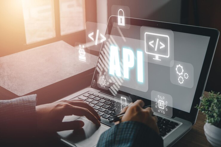 Foto interfaz de programación de aplicaciones api mujer que utiliza una computadora portátil con pantalla vr ícono de api en el escritorio de la oficina herramienta de desarrollo de software tecnología moderna internet y concepto de red