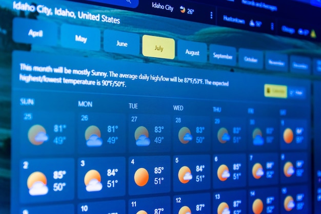Interfaz de pronóstico del tiempo en una pantalla digital que muestra el clima cálido para el mes de julioLa temperatura se muestra en el área de Estados Unidos y América del Norte en FahrenheitFocus selectivoTelsiaiLithuania04052023