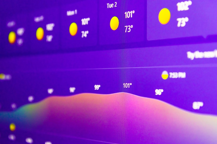 Foto interfaz de pronóstico del tiempo en una pantalla digital que muestra el clima cálido para los próximos díasfocus selectivo