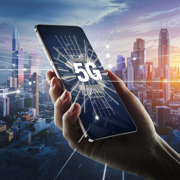 Interfaz de red 5G y concepto de icono para sostener un teléfono inteligente móvil con paisaje urbano