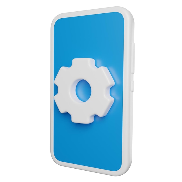 Interfaz de teléfono inteligente renderizada en 3D con un icono de engranaje que representa la configuración