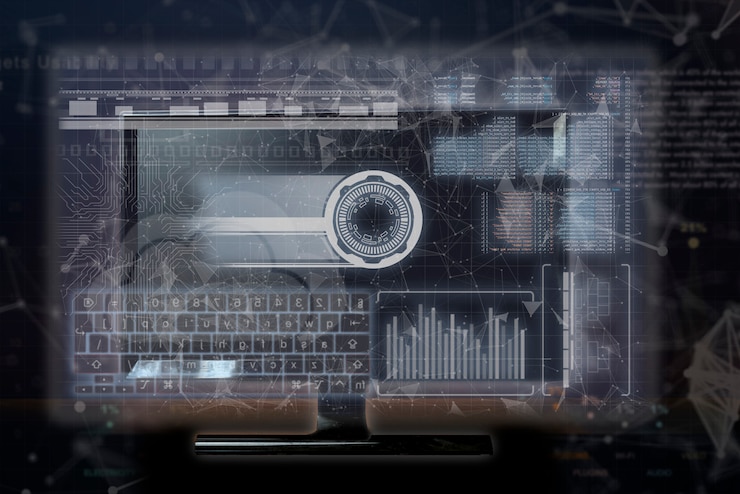 Foto interfaz de televisión futurista, pantalla holorgáfica virtual, información.