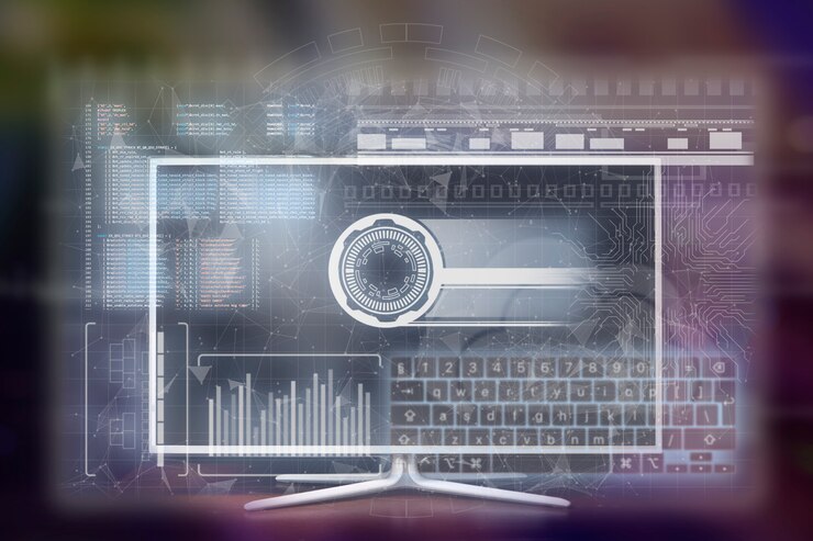 Foto interfaz de televisión futurista, pantalla holorgáfica virtual, información.
