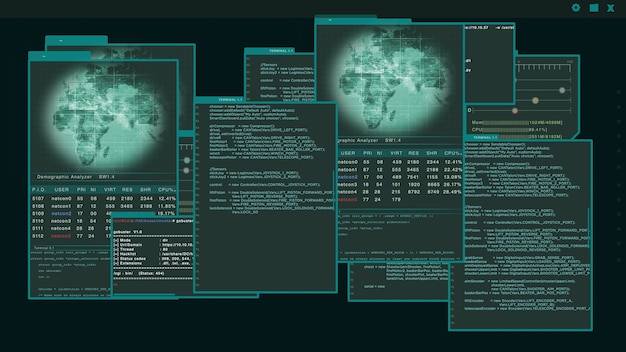 Interfaz virtual o HUD que muestra varias ventanas con código de pirata informático ejecutándose sobre fondo verde. Problema de seguridad