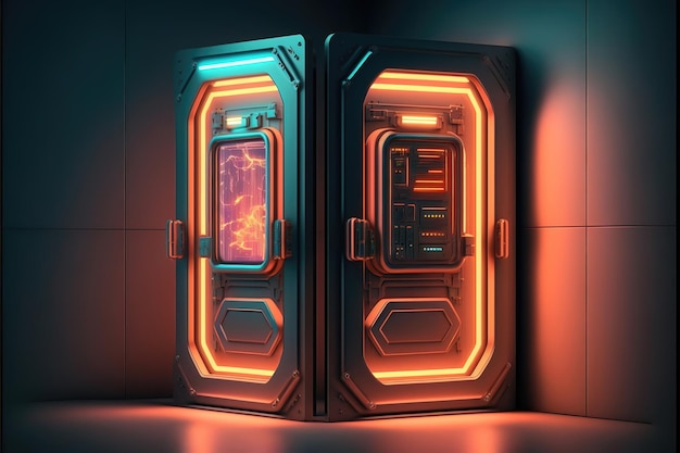 Intergalaktische Hightech-Türen mit Instrumentenanzeige und Neonlicht Abstrakter Raum mit Türen Raumschiff Wissenschaftsstation Durchgangseingang AI