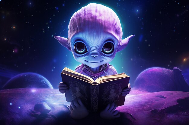 Intergalaktischer Bücherwurm Purple Alien Explorer Generative KI