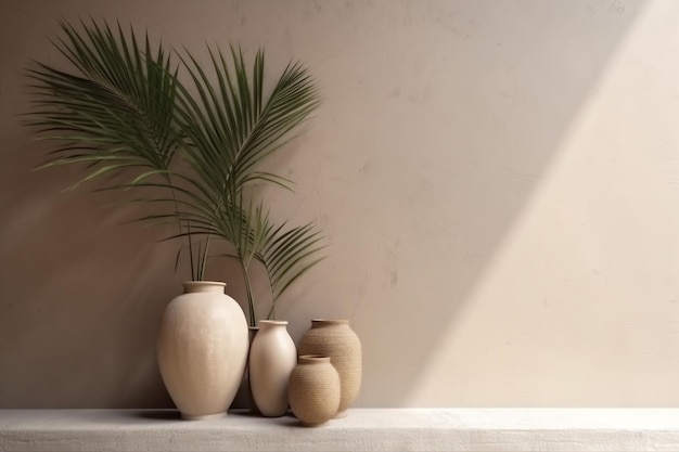 Interieur Beige Vase Design Beton Zuhause Sonnenlicht Wand Schatten Dekor leer Generative AI