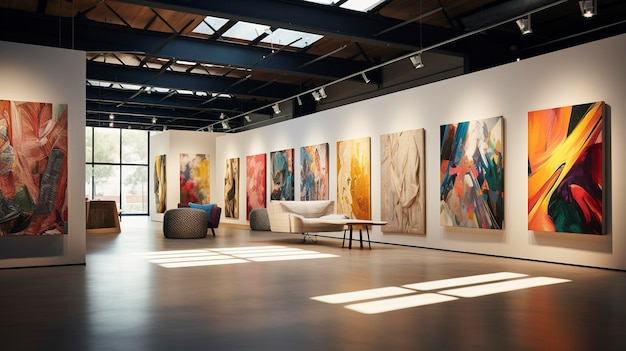 Interieur einer modernen Kunstgalerie mit Skulpturen und Gemälden an weißen Wänden