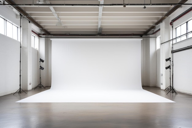 Interieur eines Fotostudios mit leerer weißer Leinwand an der Wand Ein leeres modernes Fotostudio, das zur Verwendung bereit ist