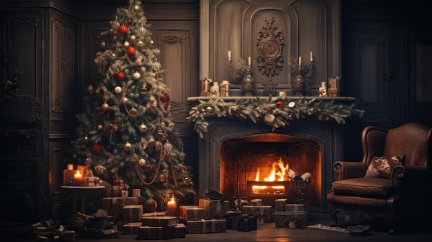 Interieur eines luxuriösen klassischen Wohnzimmers mit Weihnachtsdekoration. Flammende Kamingirlanden und brennende Kerzen. Elegante Weihnachtsbaum-Geschenkboxen. Weihnachts- und Neujahrsfeierkonzept