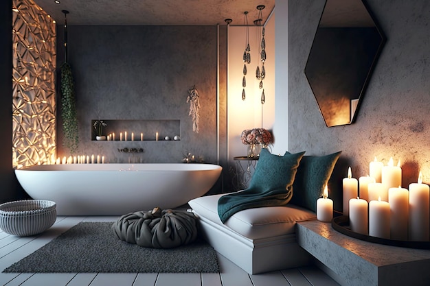 Interieur eines modernen Badezimmers mit Kerzen und Sofa an der Wand, erstellt mit generativer KI