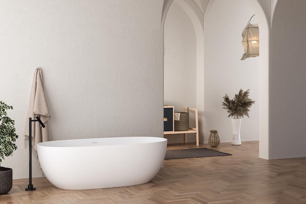 Interieur eines modernen Badezimmers mit weißen Wänden, Holzboden, Badewanne, Trockenpflanzen, weißem Waschbecken, das auf einer Holzarbeitsplatte steht, und einem ovalen Spiegel, der darüber hängt, 3D-Darstellung