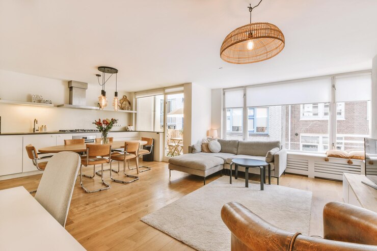 Foto interieur eines studio-apartments mit holzmöbeln