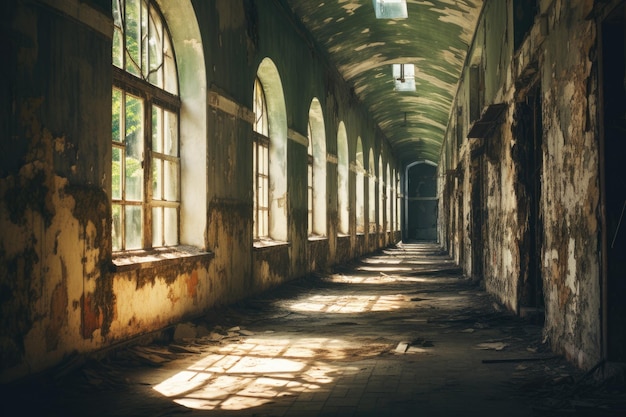 Interieur eines verlassenen Fabrikgebäudes mit Sonnenlicht, das durch die Fenster kommt Alter leerer Flur Vintage verlassenes Gebäude mit Fenster AI Generated