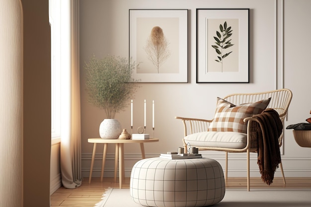 Interieur eines zeitgenössischen skandinavischen Wohnzimmers mit einem Posterrahmen, einem schönen Holzhocker, einer Teekanne, einem Rattan-Pouf-Plaid und feinen Akzenten Konzept in Beige Elegantes Interieur des