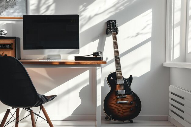 Foto interieur eines zeitgenössischen teenagerzimmers mit desktop und gitarre generative ki