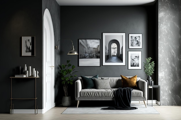 Interieur eines zeitgenössischen Wohnzimmers mit einer schwarzen Wand, drei weißen Postern und einem Bogen. Es gibt eine helle Couchtischkommode und ein graues Sofa mit Kissen aus Beton