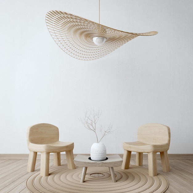 Interieur im japanischen Stil Minimales Wohnzimmer mit Holzstühlen und Deckenlampe