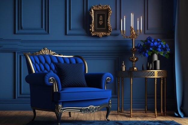 Interieur in traditioneller Königsblau-Farbe mit Sofa-Kamin-Kerzen-Stehlampe und Teppich-Attrappe zur Veranschaulichung