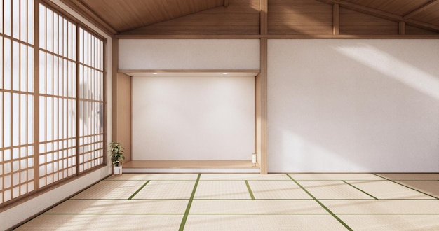 Interieur, leerer Raum und Tatami-Mattenbodenraum im japanischen Stil. 3D-Rendering