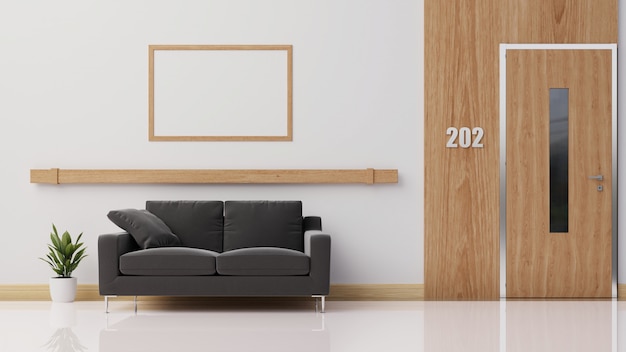 Interieur mit dunklem Sofa, Rendering.