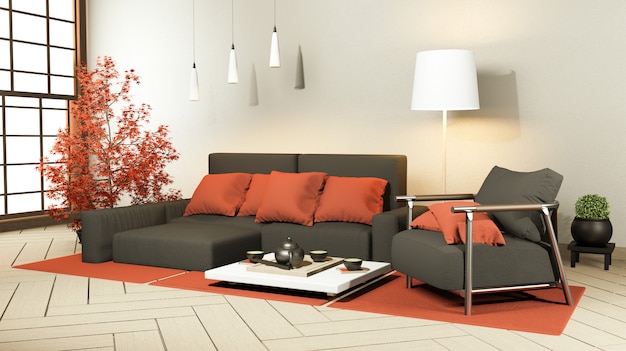 Interieur mit schwarzem Sofa und Dekoration im japanischen Stil im Zen-Raum. 3D-Rendering