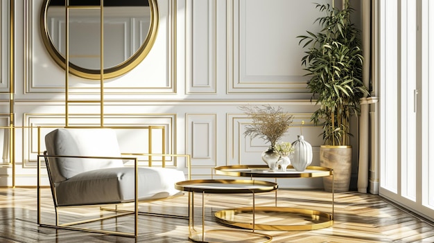 Interieur mit Sessel und Kaffeetisch Minimalistische Komposition eines eleganten Wohnzimmers AI Generative