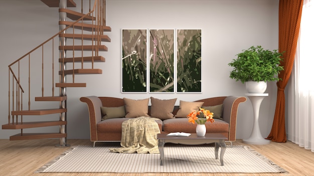 Interieur mit Sofa. 3D-Illustration