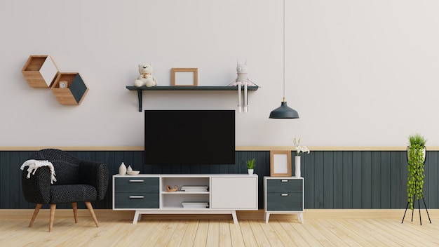 Interieur Modell Wohnzimmer mit dunkelblauem Sessel und Sideboard 3D-Rendering