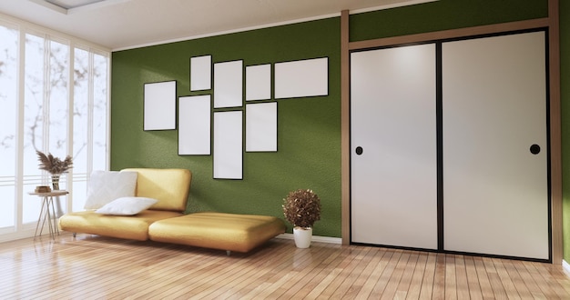 Interieur, modernes minimalistisches Wohnzimmer mit Sofa und Pflanzen, Lampe an grüner Wand und Granitfliesenboden. 3D-Rendering