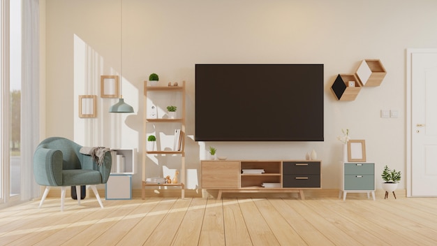 Interieur verspotten Wohnzimmer mit buntem weißem Sessel 3D-Rendering