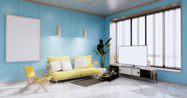 Interieur, Wohnzimmer modern minimalistisch hat gelbes Sofa und Schrank-TV auf Cyan-Wand und Granitfliesenboden. 3D-Rendering