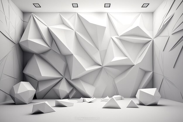 Interior 3d blanco abstracto con patrón poligonal en la pared