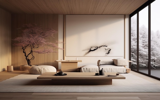 Interior 3D de uma sala de estar de estilo japonês