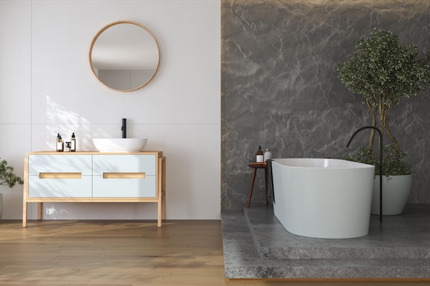 Interior à moda do banheiro com paredes brancas e concretas, bacia branca com espelho oval, banheira,