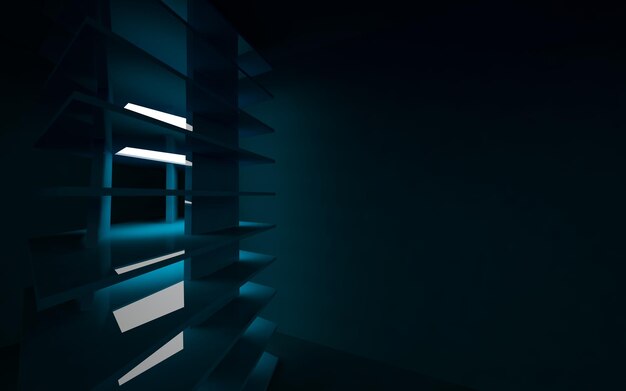 Interior abstracto del futuro en un estilo minimalista con escultura azul. Vista nocturna desde atrás