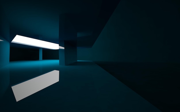 Interior abstracto del futuro en un estilo minimalista con escultura azul. Vista nocturna desde atrás